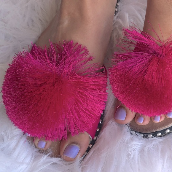 Restock Alert! Verano Río Fuchsia Pompon Studded Slide In Padded Mule Sandal - Picture 2 of 7